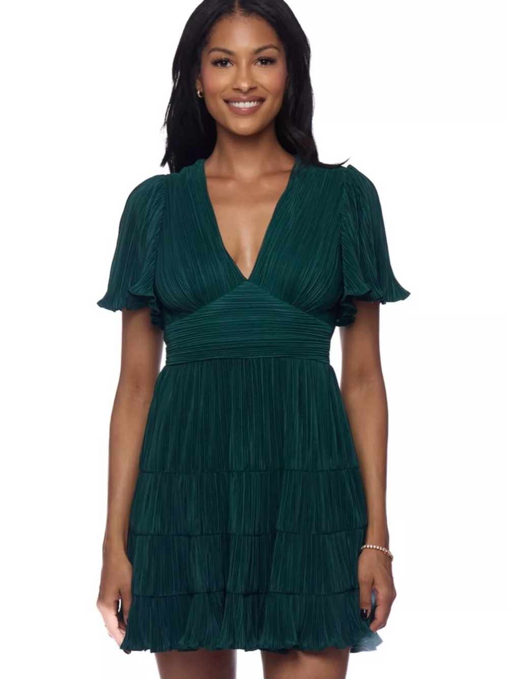 B. Darlin 5/6 Women's or Juniors NWOT Deep Green V-Neck Tiered Mini Dress